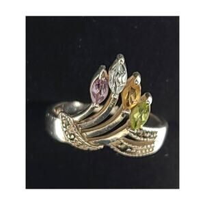 Vintage Sterling Silver Ring Multi-Color Marquise Cut Crystal Glass Stones Sz 7